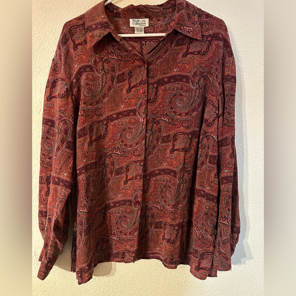 Style & Co Blouse Woman Maroon/Red Paisley 100% Silk Button Up Long Sleeve 20W